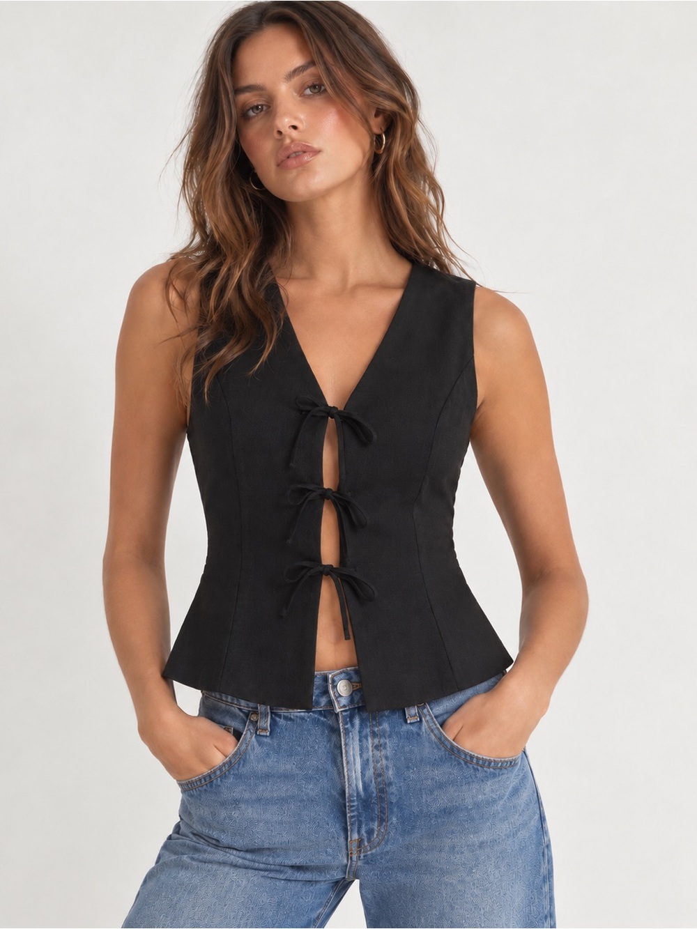 Good Luck Gem Black Three-Tie Front Vest Top – Size Small